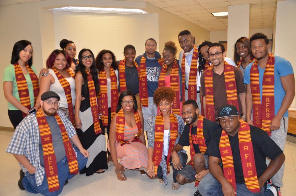 A group of Africana Studies students in their graduation stoles.